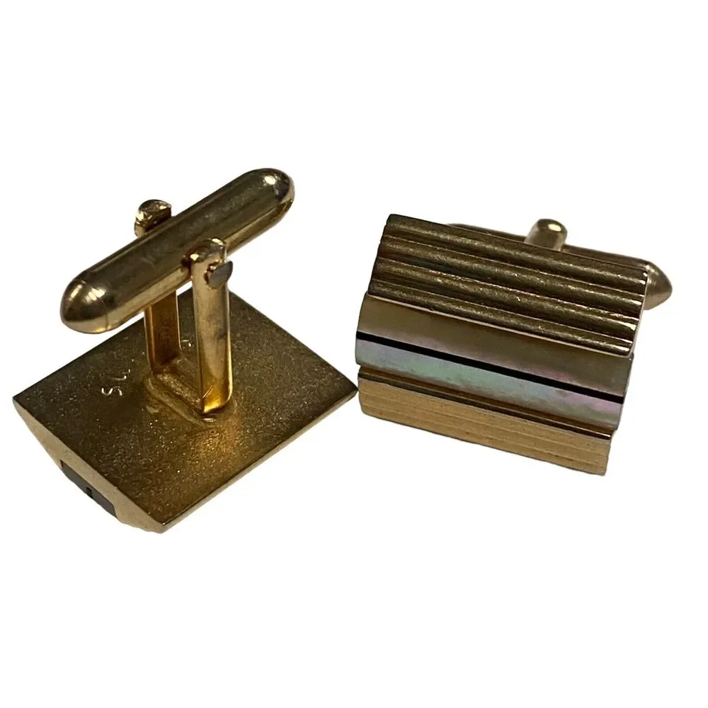 Vintage Mens Gold Tone Signed SWANK Mother Of Pearl Inlay Cufflinks Ribbed MCM